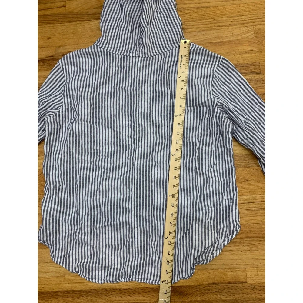 Tahari 100% Linen Striped Hooded Button Down Shirt Jacket Blue White Large